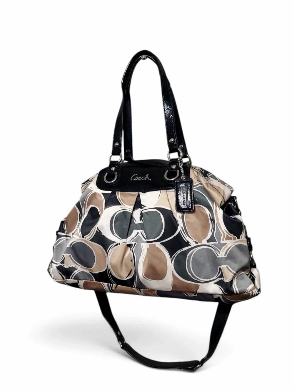 Coach Ashley Scarf Print Signature Sateen & Black  Leather Satchel No. F17644